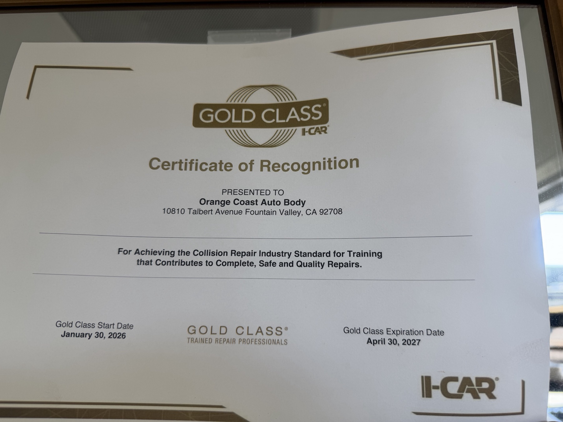 I-CAR Gold Class certificate for Orange Coast Auto Body, valid through April 30, 2027